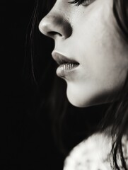 Aufkleber - Artistic profile view of a young woman highlighting her beauty and elegance through detailed facial features in black and white : Generative AI