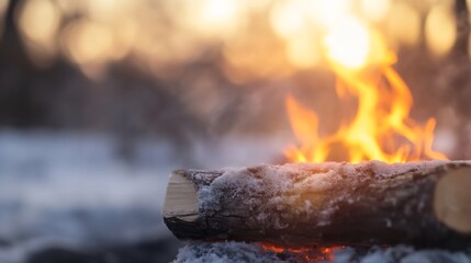 Aufkleber - Warm Flames Dance on A Winter Log Creating Cozy Ambiance in Nature : Generative AI