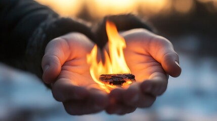 Fototapete - Person Holding Burning Coals in Hands Against a Warm Sunset Background : Generative AI