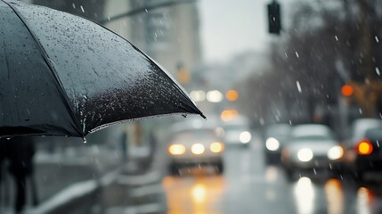 Aufkleber - Rainy urban scene featuring an umbrella against blurred city lights and falling rain : Generative AI