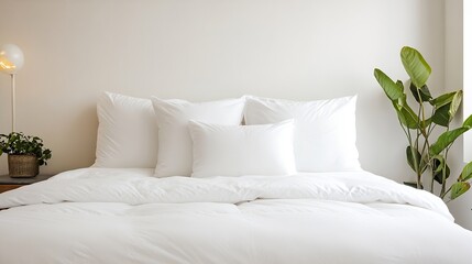 Poster - Cozy minimalist bedroom with white plush pillows and greenery for relaxation : Generative AI