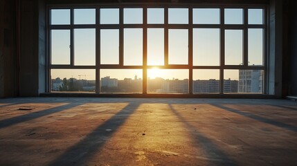 Aufkleber - Sunset illuminating an urban skyline through large windows showcasing modern architecture and soft reflections : Generative AI