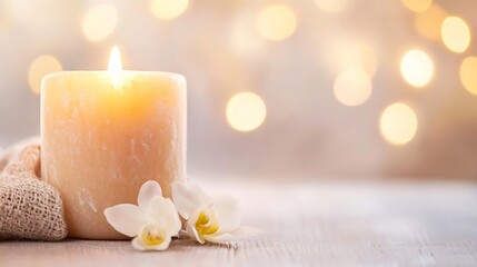 Aufkleber - A cozy candle lit with a flower beside it and a blurred background of warm lights : Generative AI