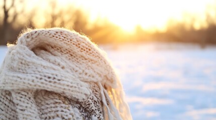 Poster - Warm Cozy Wool Scarf Hanging as Sun Sets in the Background : Generative AI