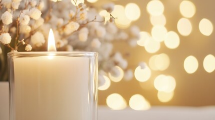 Leinwandbilder - Beautiful Candle with Soft Glowing Light Surrounded by White Flowers on Decorated Table : Generative AI