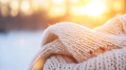 Poster - Closeup of a soft knitted sweater draped over a surface glistening in warm sunset light for a cozy vibe : Generative AI