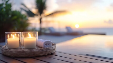 Poster - Relaxing Candles on Table with Sunset and Warm Atmosphere : Generative AI