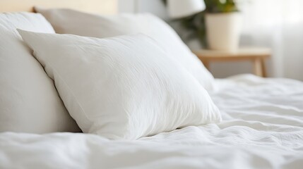 Aufkleber - Cozy White Bed with Soft Pillows in a Bright and Inviting Room : Generative AI