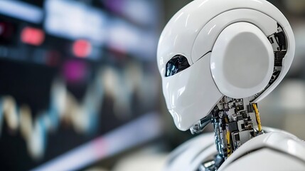 Leinwandbilder - Futuristic robotic head design with sleek features and digital background displaying analytics : Generative AI