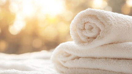 Leinwandbilder - Soft White Towels Rolled Neatly with a Natural Sunlit Background Creating a Spa-Like Ambiance : Generative AI
