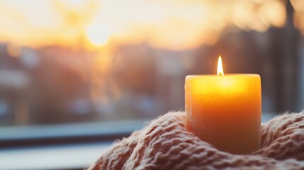 Aufkleber - Bright Yellow Candle Light Flickers Against Sunset Warm Background : Generative AI