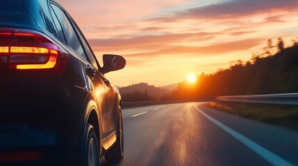 Poster - Scenic road trip at sunset with a modern black car traveling along a winding pathway : Generative AI