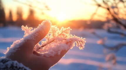 Aufkleber - A hand holding frost-covered twigs against a bright sunset evoking winter beauty and the magic of nature : Generative AI