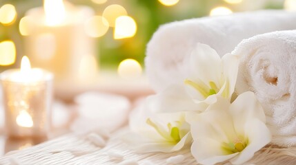 Aufkleber - Elegant Spa Setting with Soft Towels and Fresh Flowers in a Relaxing Ambiance : Generative AI