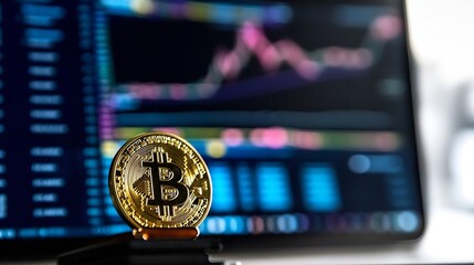 Fototapete - Close up of a shiny Bitcoin coin with trading graphs displayed in the background : Generative AI