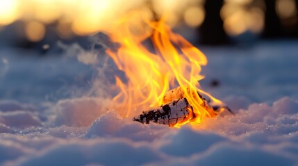 Aufkleber - Flames Erupting from Logs Surrounded by Snow at Sunset : Generative AI