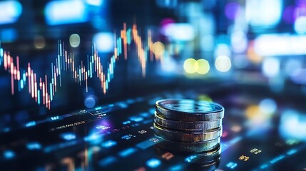 Fototapete - Close up view of coins stacked on a digital stock market trading screen showcasing financial growth and investments : Generative AI