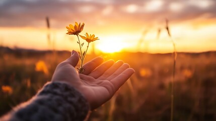 Fototapete - A person's hand gently holding wildflowers against a stunning sunset backdrop in the fields : Generative AI