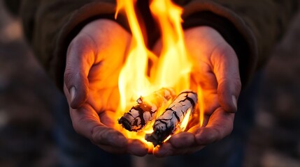 Fototapete - Hands Holding Burning Firewood with Flames and Charred Logs in Dark Background : Generative AI
