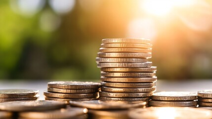 Poster - A stunning display of gold coins stacked high against a sunlit background symbolizing abundance and success : Generative AI