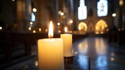 Aufkleber - Warm candlelight glowing softly in an empty church creating a serene atmosphere : Generative AI