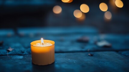 Poster - Serene Burning Candle with Soft Glow on Mysterious Blue Background for Relaxation and Ambience : Generative AI