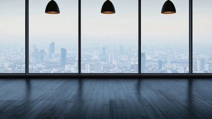 Wall Mural - Modern Empty Office Space with Large Windows Overlooking Cityscape