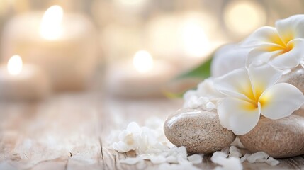 Poster - Zen Spa Setting with Plumeria Flowers and Soft Candlelight : Generative AI