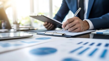 Poster - Businessman Analyzing Financial Reports and Taking Notes in Contemporary Office Setting : Generative AI