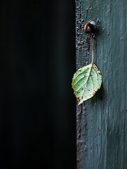 Poster - Close Up of a Single Green Leaf Hanging on a Nail Against a Dark Background : Generative AI