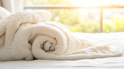 Aufkleber - Soft white blanket neatly rolled up on a sunlit bed creating a serene and inviting atmosphere : Generative AI