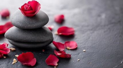 Poster - Elegant stack of smooth black stones adorned with rose petals and a single rose creating a serene spa vibe : Generative AI