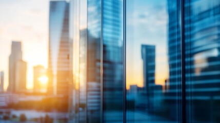 Fototapete - Stunning city skyline reflected in modern glass buildings during a beautiful sunset : Generative AI