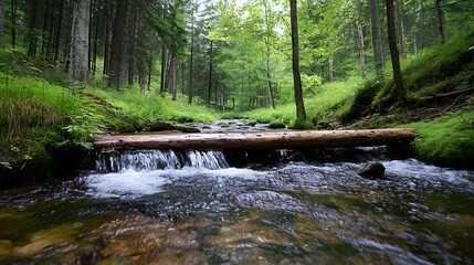 Fototapete - Tranquil forest scene with stream flowing over a wooden log in a lush green environment : Generative AI