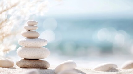 Fototapete - Balanced stones artfully arranged on golden sand with ocean waves in the background : Generative AI