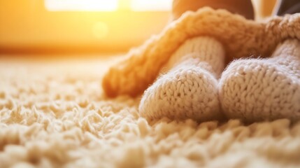 Poster - Close Up of Cozy Knitted Socks on Soft Rug with Warm Sunlight at Home : Generative AI