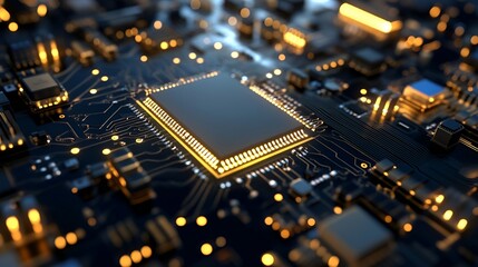 Fototapete - Futuristic Technology Close-Up of Circuit Board with Glowing Lights and Microchip : Generative AI
