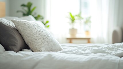 Aufkleber - Stylish Bedroom with Gorgeous Pillow and Green Plants for a Refreshing Ambiance : Generative AI