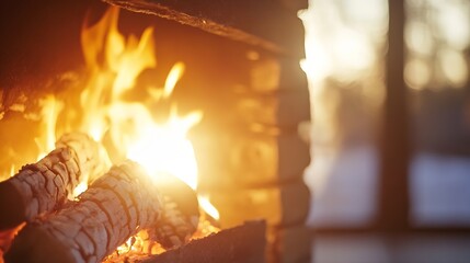 Aufkleber - Cozy Fireplace with Burning Logs and Warm Glow Creating a Relaxing Atmosphere : Generative AI