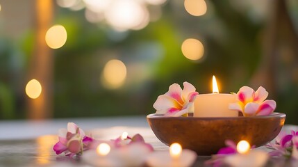 Leinwandbilder - Serene Candle Arrangement with Tropical Flowers Creating a Relaxing Ambiance for Peaceful Moments : Generative AI