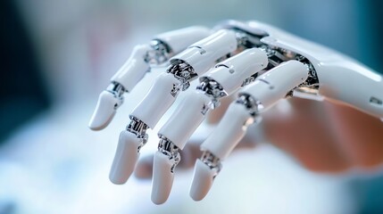 Leinwandbilder - Futuristic Robot Hand with Mechanical Details in Soft Focus Background Representing Technology : Generative AI