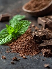 Aufkleber - Delicious chocolate bars and powder arranged artistically with fresh mint leaves for a gourmet treat : Generative AI