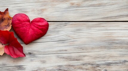 Poster - Red Heart Shaped Leaves on Wooden Surface Perfect for Autumn and Love Themes : Generative AI