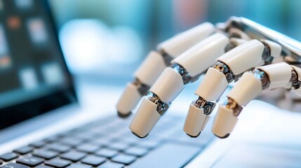 Fototapete - Robotic hand interacting with laptop keyboard in high tech environment showcasing innovation : Generative AI