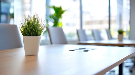 Poster - Bright Modern Office Space Featuring Green Potted Plant on Conference Room Table with Natural Light : Generative AI