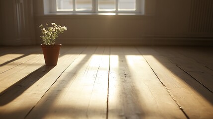 Poster - Sunlit indoor space showcasing a single flower pot casting shadows on a wooden floor with warm light : Generative AI