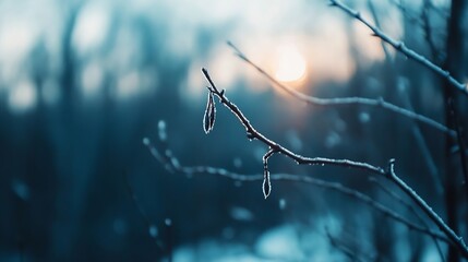 Poster - Delicate Frost Covered Branch at Dawn with Soft Blue Background : Generative AI