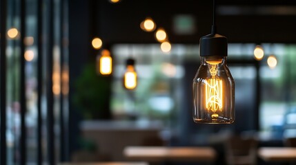 Poster - Stylish Hanging Light Bulb with Warm Glow in a Modern Cafe Environment : Generative AI