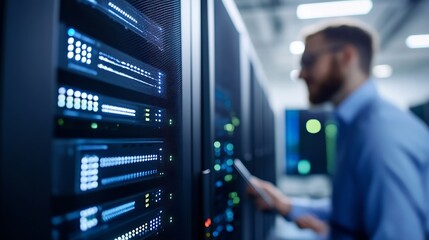 Fototapete - Modern Data Center Server Room with Rows of Digital Hardware and a Focused Technician Managing Systems : Generative AI