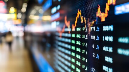 Leinwandbilder - Closeup view of a digital stock market display with fluctuating prices and indexes in a financial setting : Generative AI